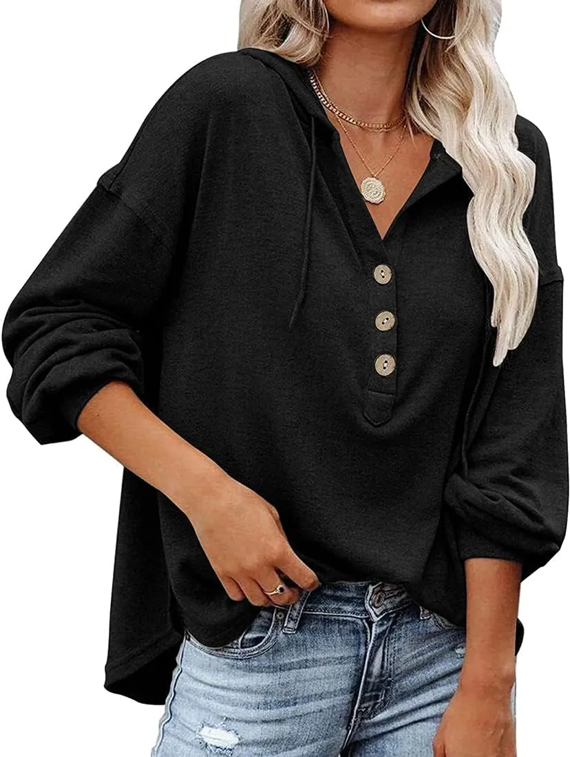Chaos World Women's Hoodie Loose Fit Lightweight V-neck Sweatshirts Long Sleeve Henley Shirts