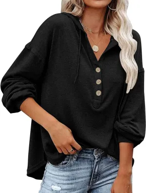 Chaos World Women's Hoodie Loose Fit Lightweight V-neck Sweatshirts Long Sleeve Henley Shirts