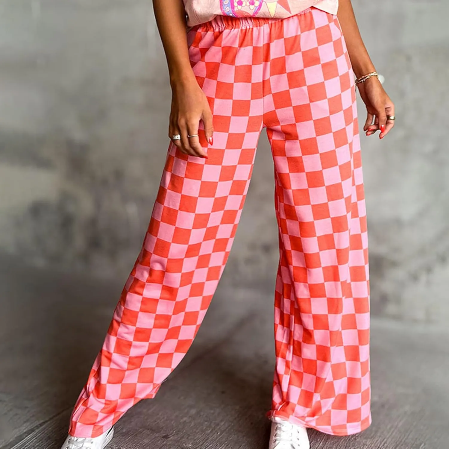 Checkered Pants for Women Elastic High Waist Wide Leg Lounge Pants Straight Loose Fit Plaid Trousers with Pockets
