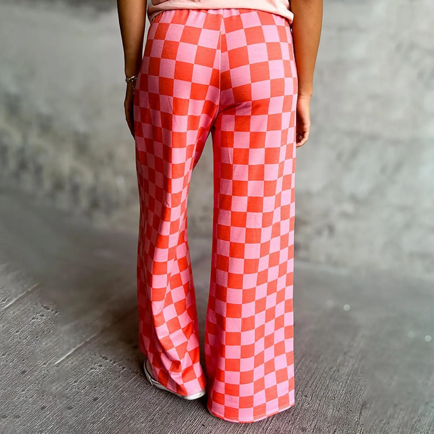 Checkered Pants for Women Elastic High Waist Wide Leg Lounge Pants Straight Loose Fit Plaid Trousers with Pockets