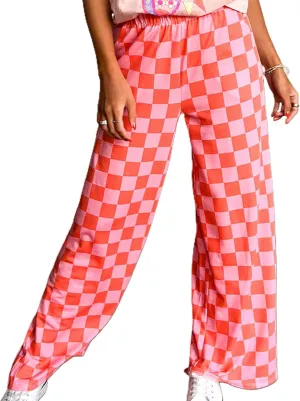 Checkered Pants for Women Elastic High Waist Wide Leg Lounge Pants Straight Loose Fit Plaid Trousers with Pockets