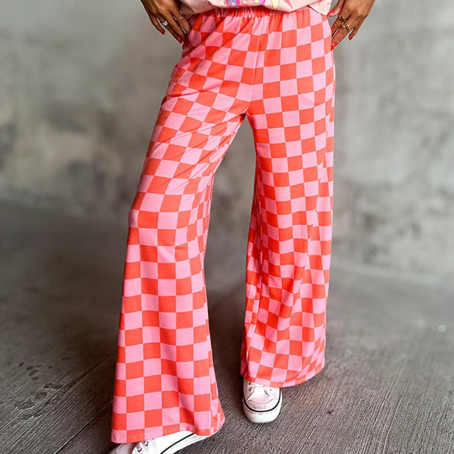 Checkered Pants for Women Elastic High Waist Wide Leg Lounge Pants Straight Loose Fit Plaid Trousers with Pockets