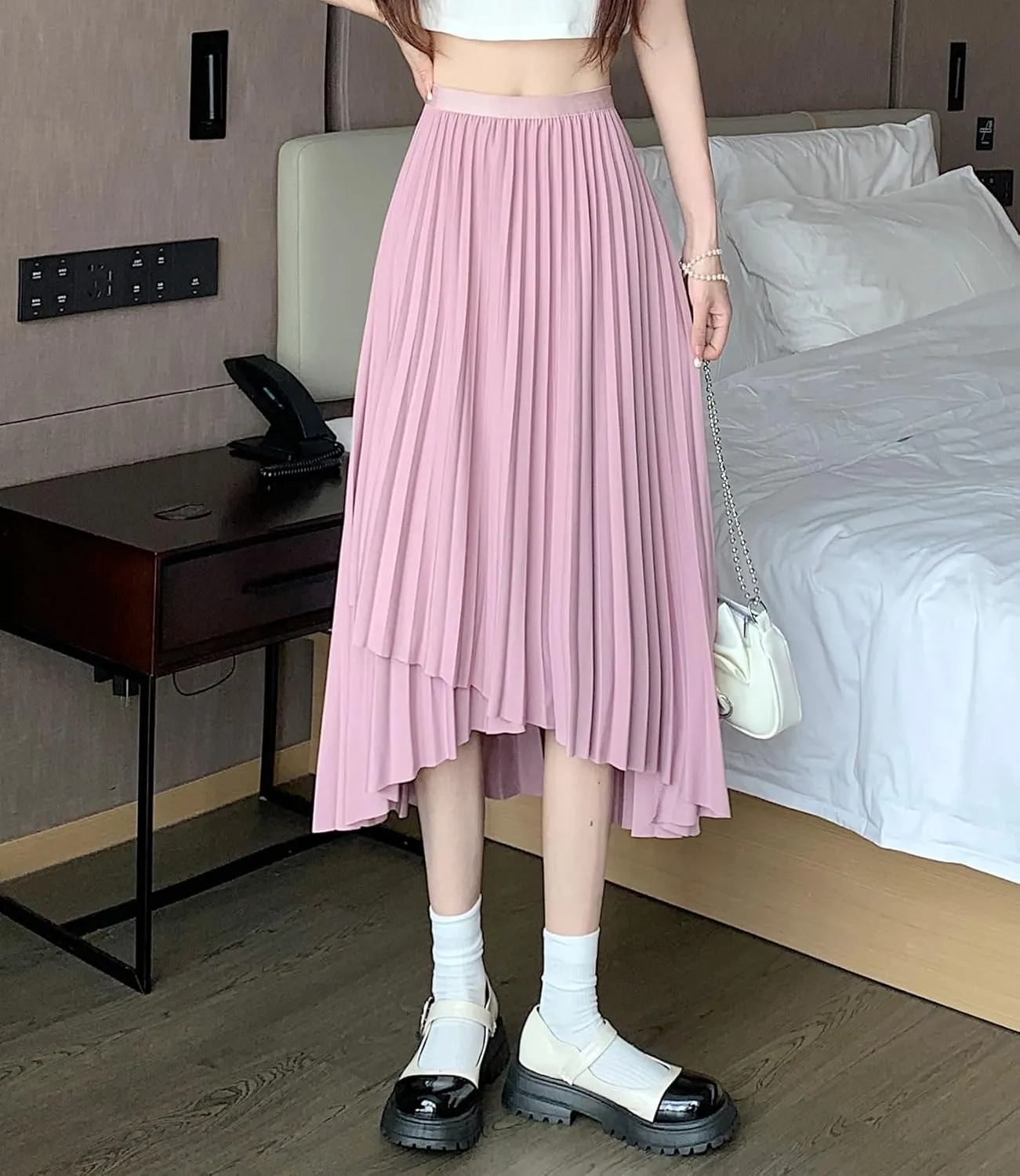 chouyatou Women's Asymmetrical Tulip Hem Party Dress Irregular Flowy Swing Accordion Pleated Midi Long Skirt