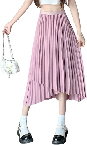 chouyatou Women's Asymmetrical Tulip Hem Party Dress Irregular Flowy Swing Accordion Pleated Midi Long Skirt