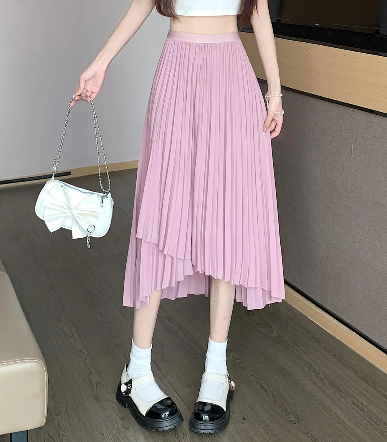 chouyatou Women's Asymmetrical Tulip Hem Party Dress Irregular Flowy Swing Accordion Pleated Midi Long Skirt