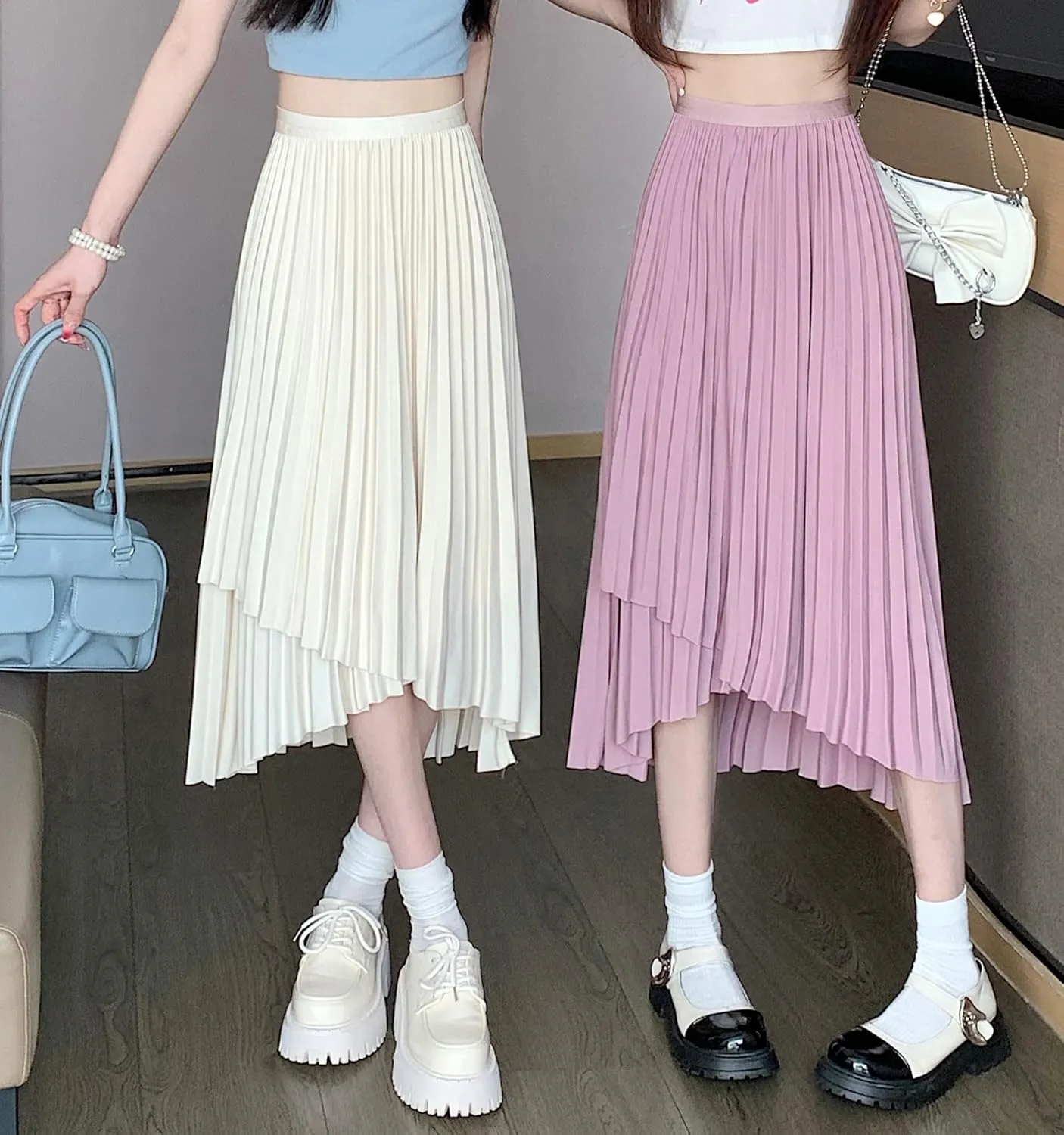 chouyatou Women's Asymmetrical Tulip Hem Party Dress Irregular Flowy Swing Accordion Pleated Midi Long Skirt