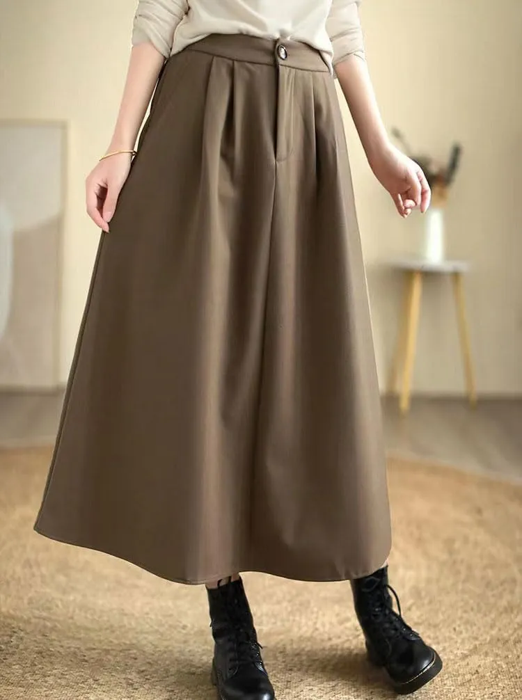 chouyatou Women's Casual High Elastic Waist Wool Skirt A-Line Pleated Swing Wool Midi Long Skirt with Pockets