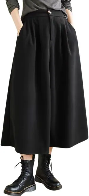 chouyatou Women's Casual High Elastic Waist Wool Skirt A-Line Pleated Swing Wool Midi Long Skirt with Pockets
