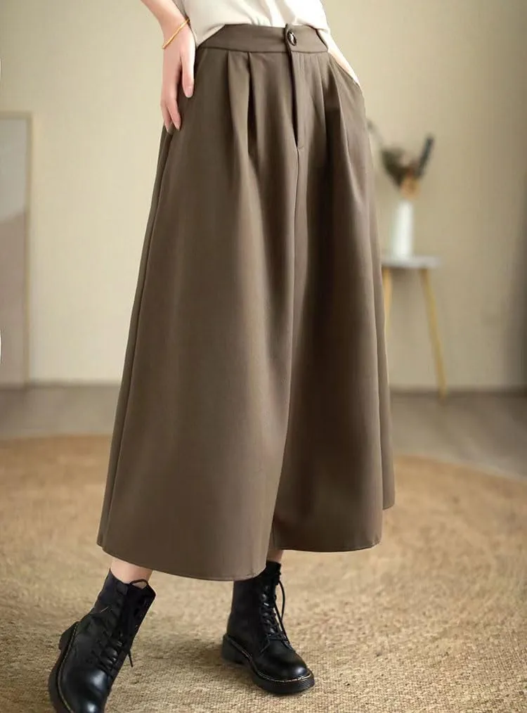 chouyatou Women's Casual High Elastic Waist Wool Skirt A-Line Pleated Swing Wool Midi Long Skirt with Pockets