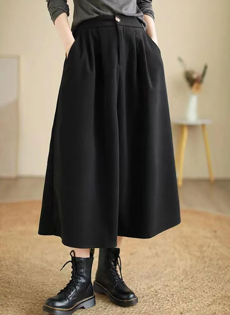 chouyatou Women's Casual High Elastic Waist Wool Skirt A-Line Pleated Swing Wool Midi Long Skirt with Pockets