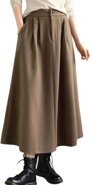 chouyatou Women's Casual High Elastic Waist Wool Skirt A-Line Pleated Swing Wool Midi Long Skirt with Pockets