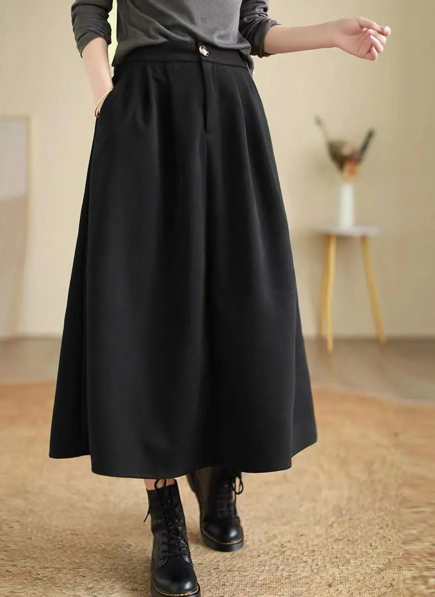 chouyatou Women's Casual High Elastic Waist Wool Skirt A-Line Pleated Swing Wool Midi Long Skirt with Pockets