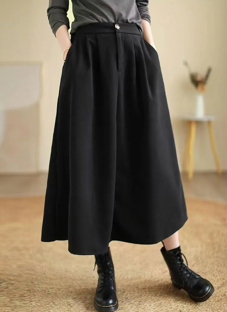 chouyatou Women's Casual High Elastic Waist Wool Skirt A-Line Pleated Swing Wool Midi Long Skirt with Pockets