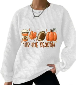 Chvity Women's Fashion Loose Casual Tis The Season Pumpkin Printed Sweatershirt Lightweight Blouse Waffle Hoodies Long Sleeve
