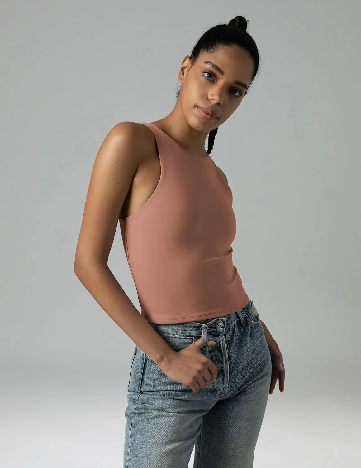 Colorfulkoala Women's High Neck Tank Tops Body Contour Sleeveless Crop Double Lined Yoga Shirts
