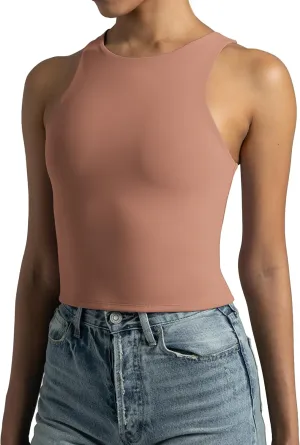 Colorfulkoala Women's High Neck Tank Tops Body Contour Sleeveless Crop Double Lined Yoga Shirts