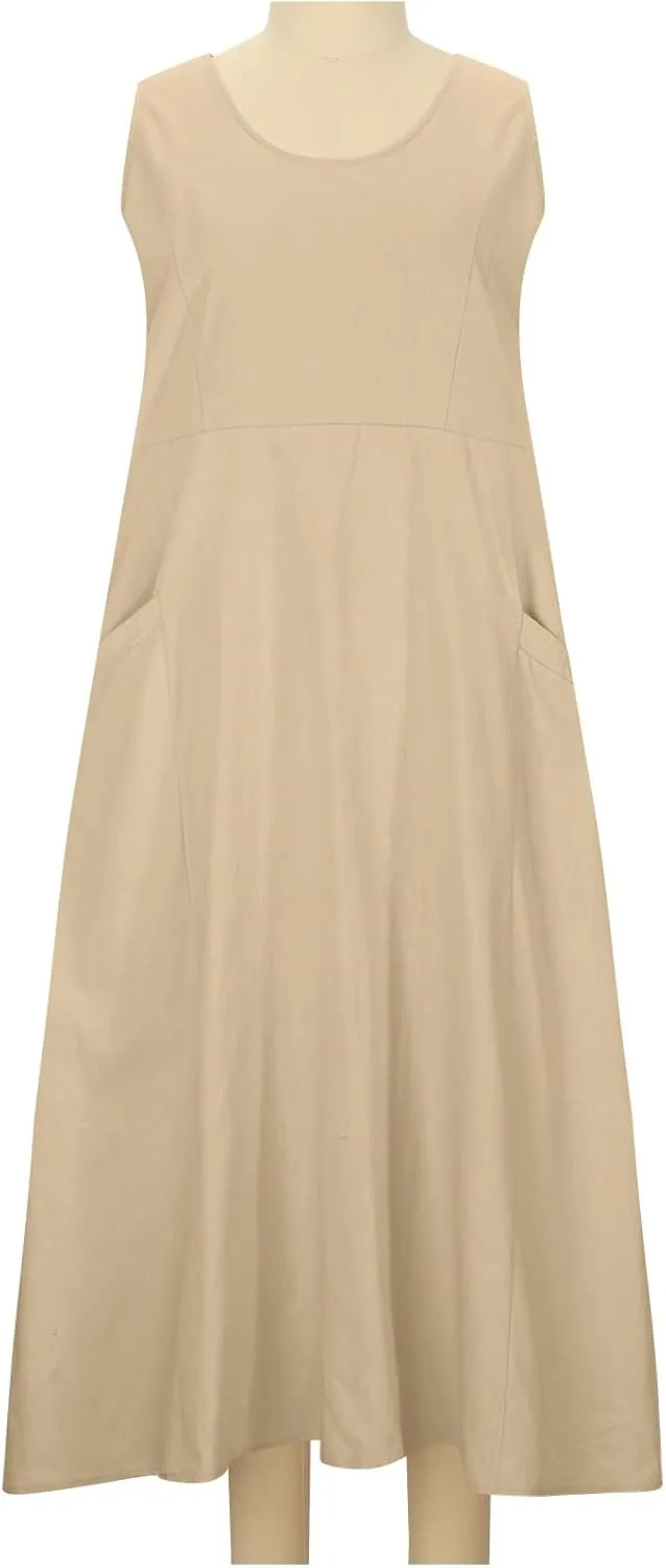 Cotton Line Dresses for Women 2023 Casual Summer Sleeveless Beach Flowy Sundress with Pockets Loose Tank Dress