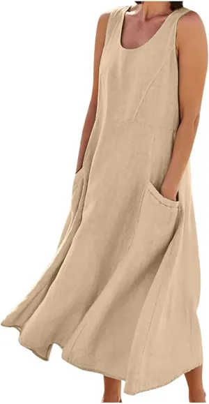 Cotton Line Dresses for Women 2023 Casual Summer Sleeveless Beach Flowy Sundress with Pockets Loose Tank Dress