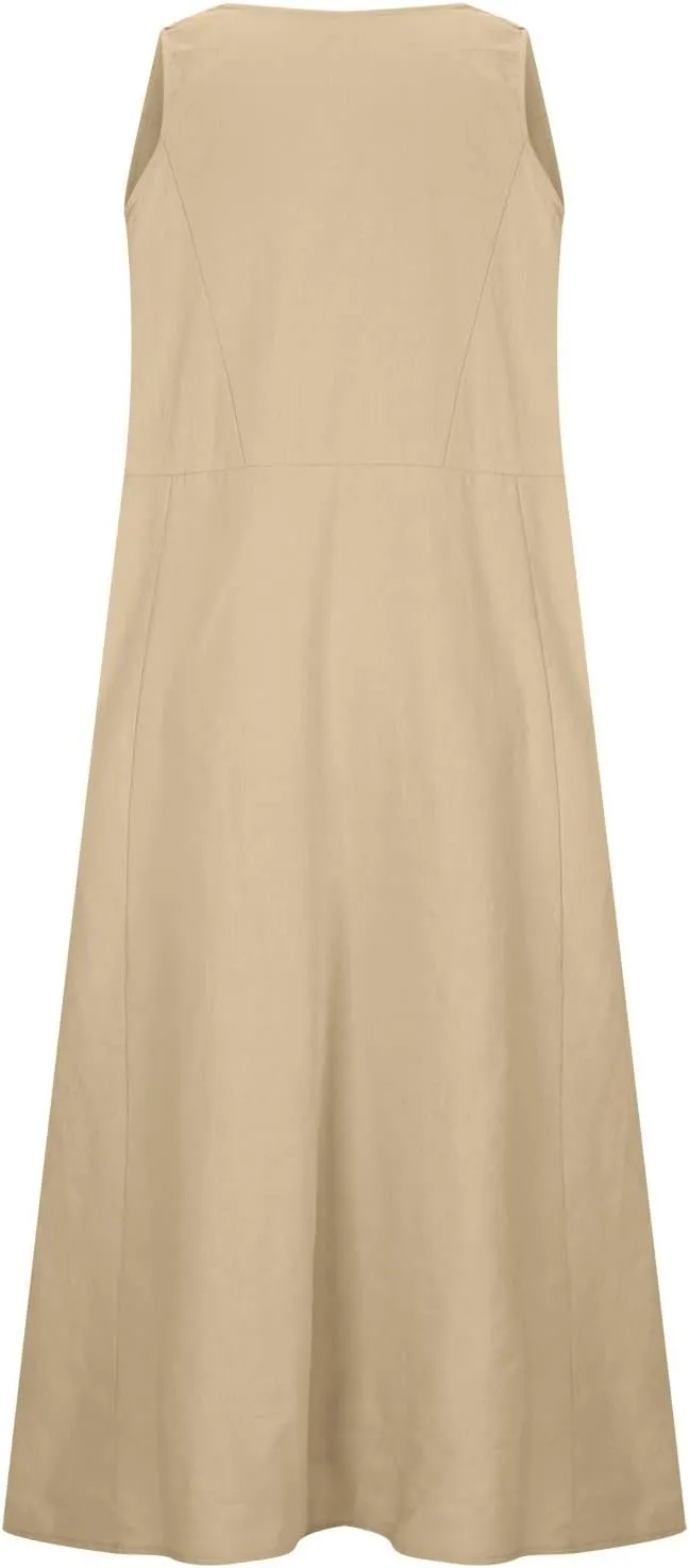 Cotton Line Dresses for Women 2023 Casual Summer Sleeveless Beach Flowy Sundress with Pockets Loose Tank Dress