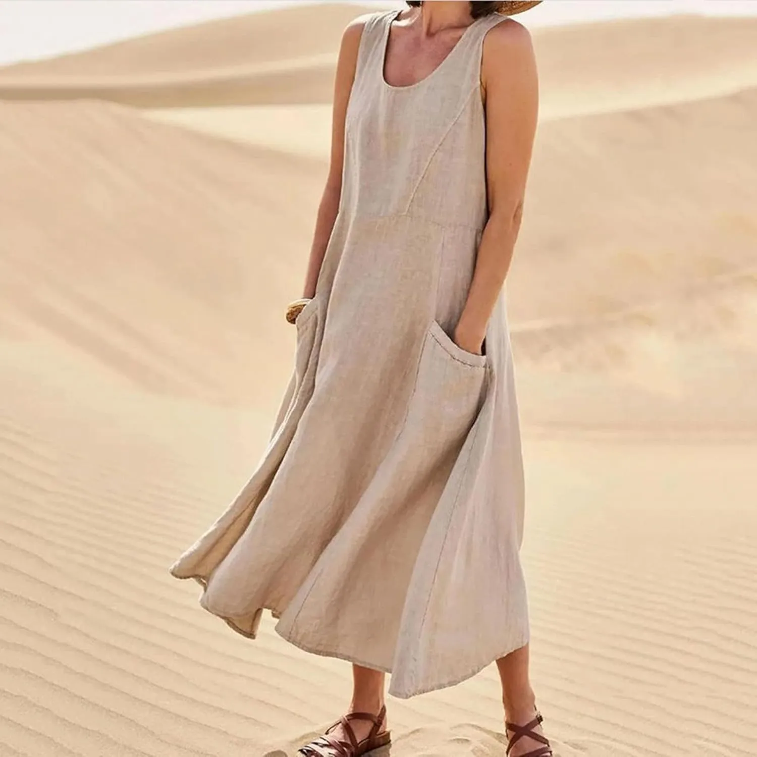 Cotton Line Dresses for Women 2023 Casual Summer Sleeveless Beach Flowy Sundress with Pockets Loose Tank Dress