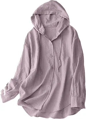 Cotton Linen Hoodie Tops Womens 2025 Summer Hooded Long Sleeve Shirts Ladies Dressy Casual Button Down Blouses Tees