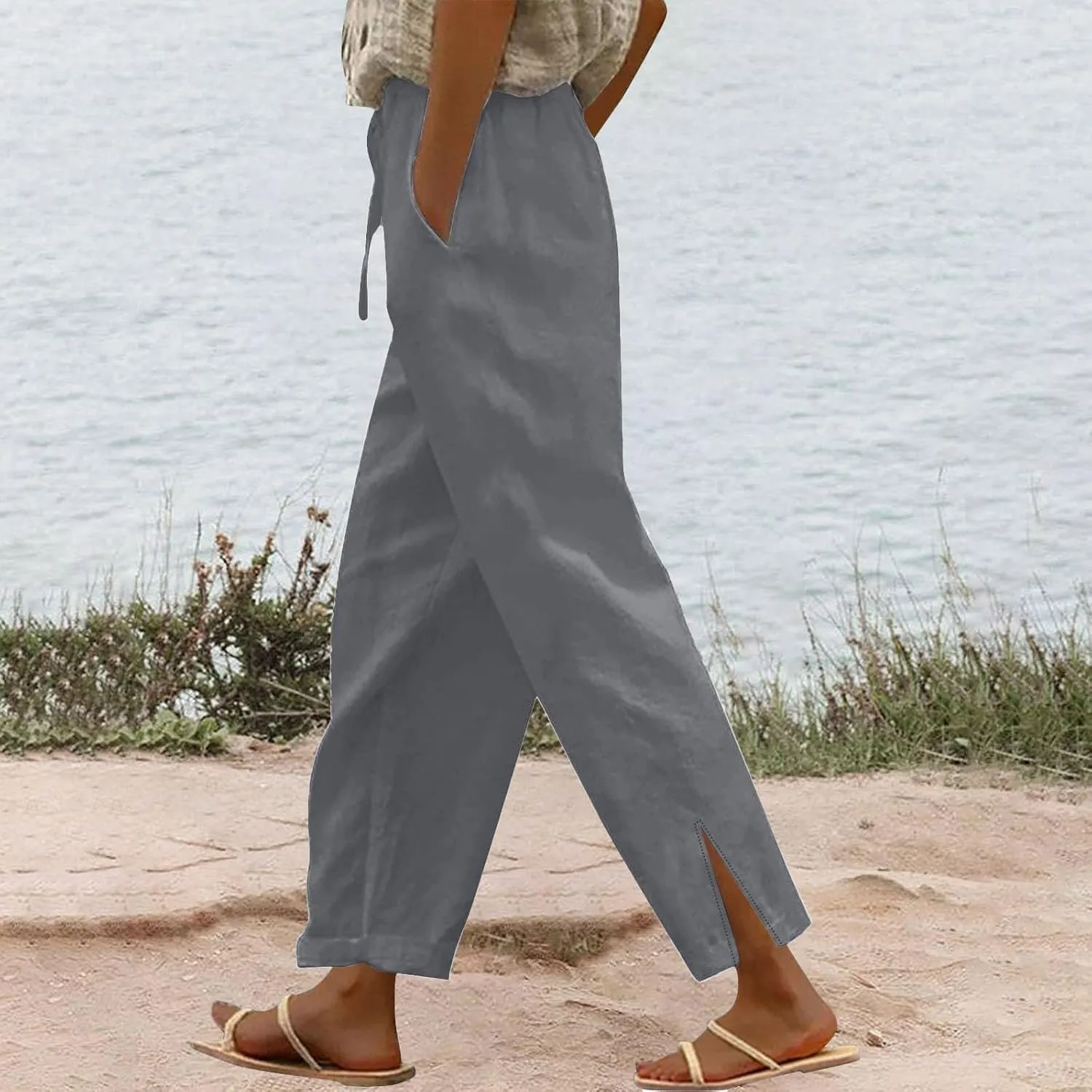 Cotton Linen Pants for Women 2025 Summer Gauze Drawstring High Waisted Wide Leg Trousers Beach Vacation Clothes