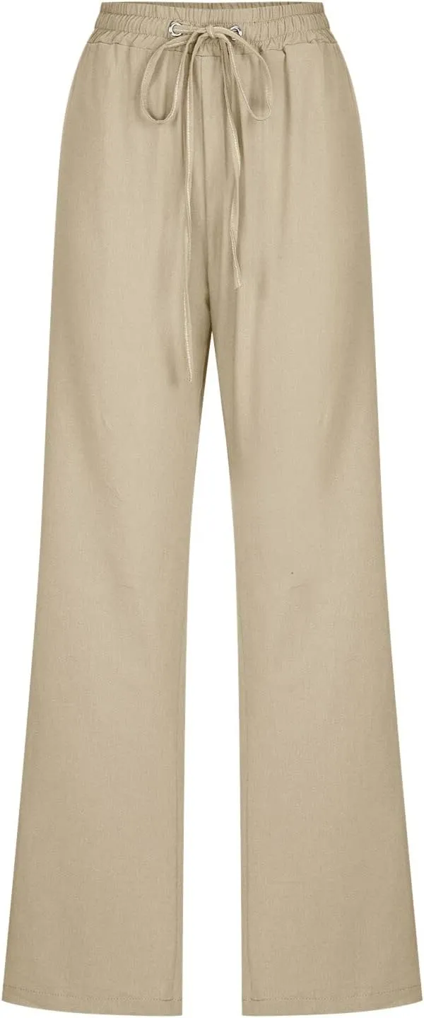 Cotton Pants for Women Casual Solid High Waist Pants Drawstring Loose Fit Fashion Summer Trousers with Side Pockets