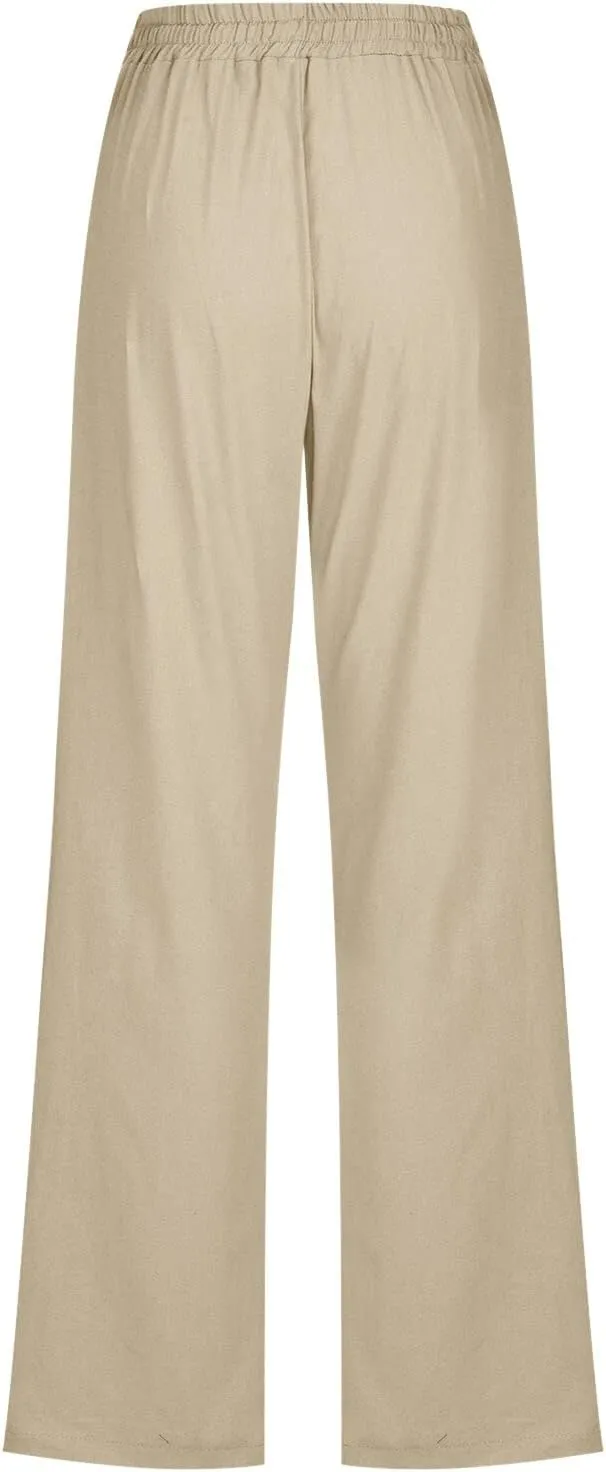 Cotton Pants for Women Casual Solid High Waist Pants Drawstring Loose Fit Fashion Summer Trousers with Side Pockets