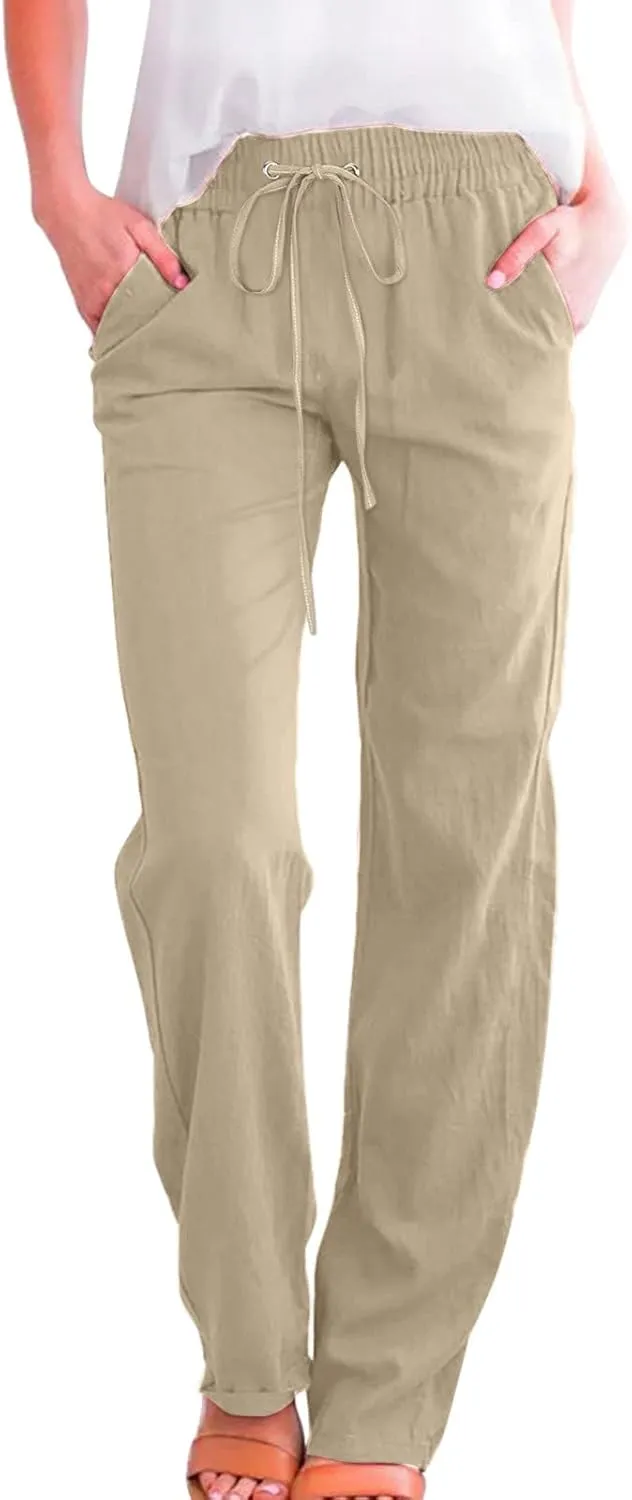 Cotton Pants for Women Casual Solid High Waist Pants Drawstring Loose Fit Fashion Summer Trousers with Side Pockets