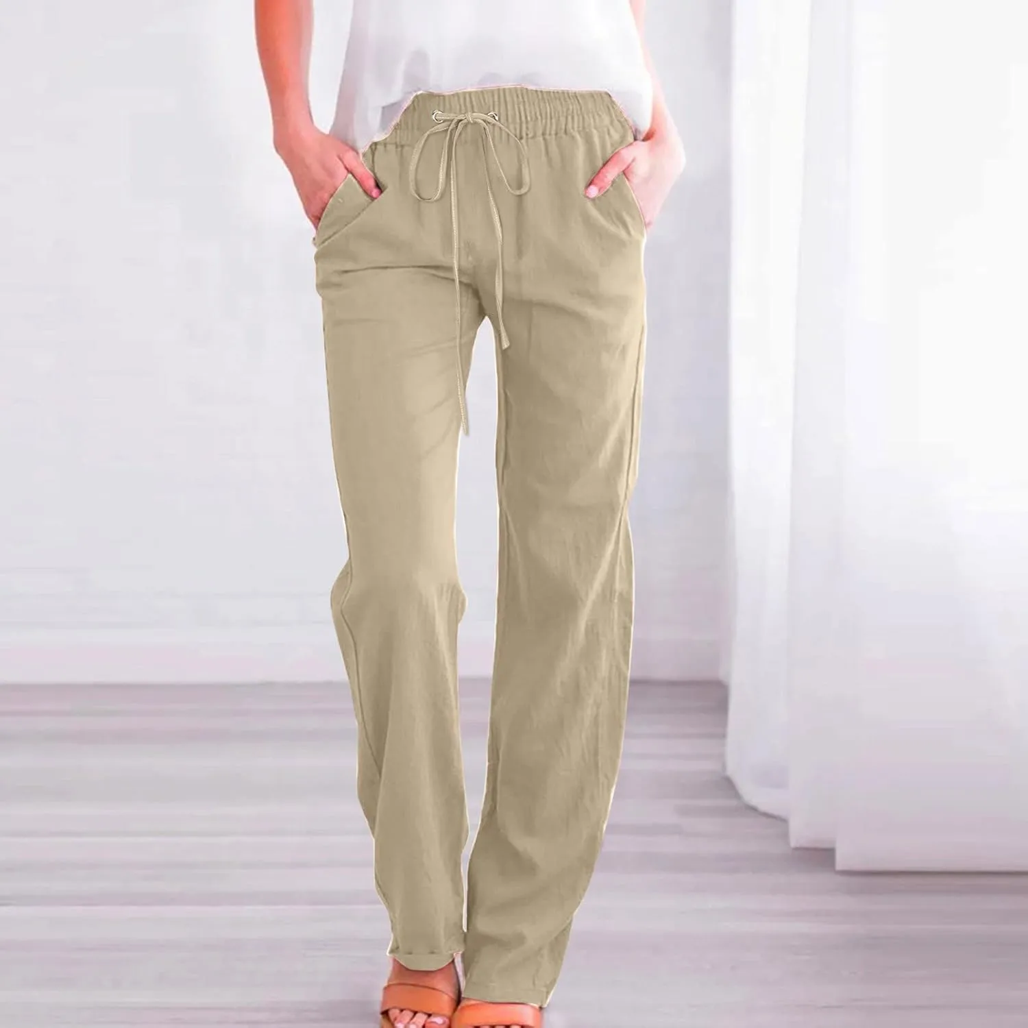Cotton Pants for Women Casual Solid High Waist Pants Drawstring Loose Fit Fashion Summer Trousers with Side Pockets
