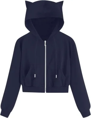 Cute Cat Ear Hoodies for Women Teen Girls Y2K Crop Tops Zip Up Long Sleeve Drawstring Hooded Jackets with Pockets