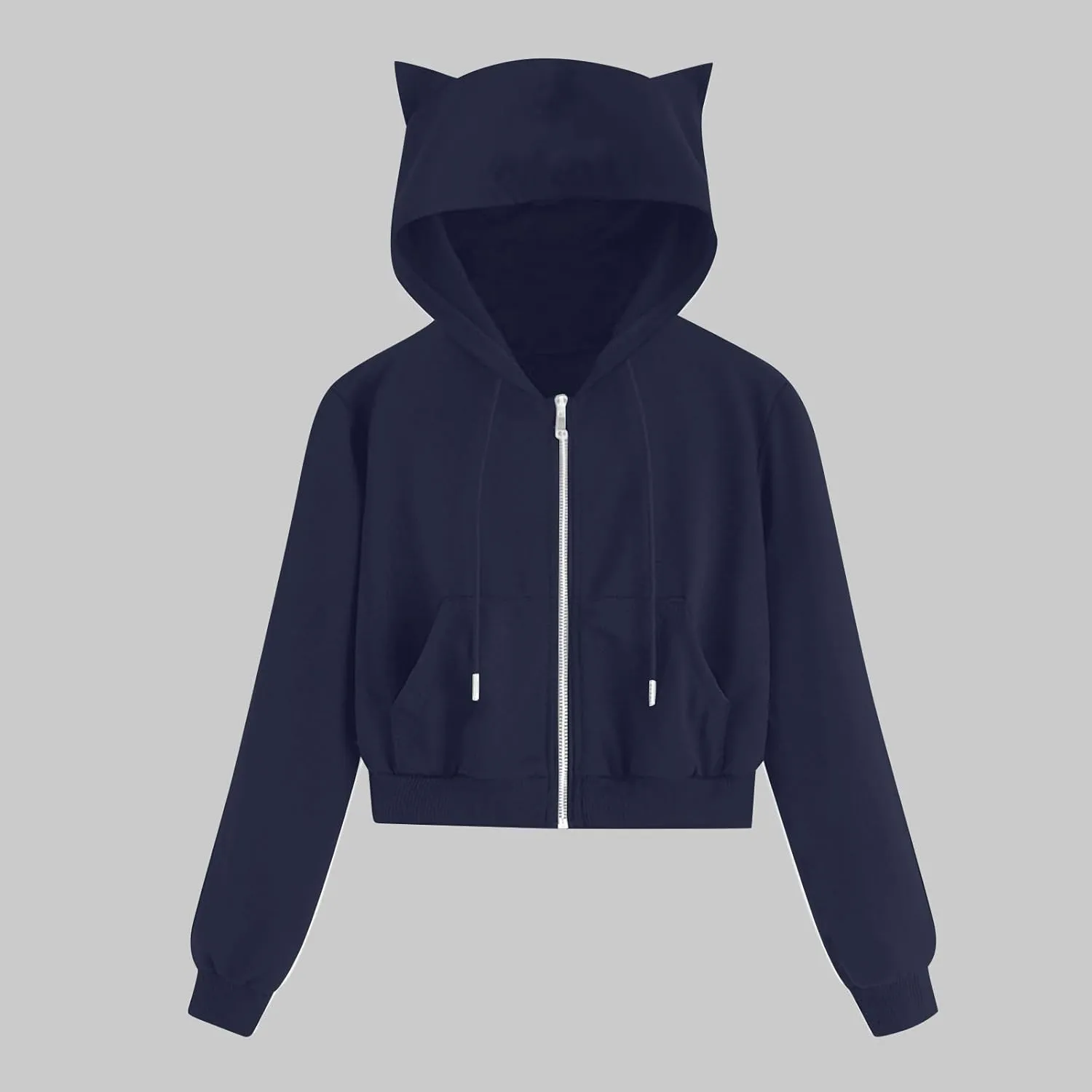 Cute Cat Ear Hoodies for Women Teen Girls Y2K Crop Tops Zip Up Long Sleeve Drawstring Hooded Jackets with Pockets