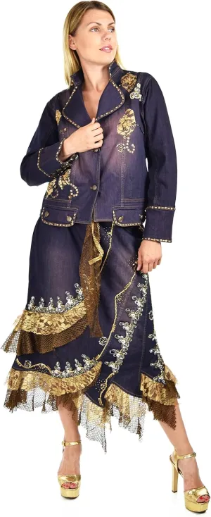 Dare2BStylish Women 2 Piece Denim Rhinestone Embellished Skirt Set