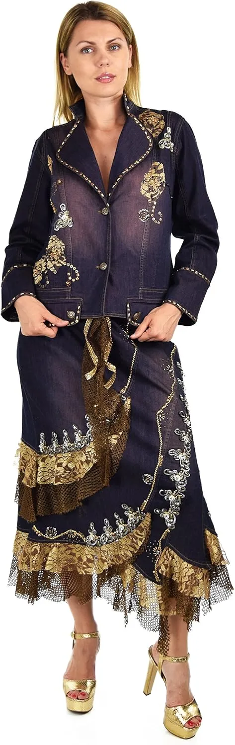 Dare2BStylish Women 2 Piece Denim Rhinestone Embellished Skirt Set