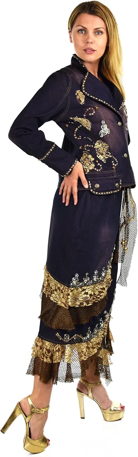 Dare2BStylish Women 2 Piece Denim Rhinestone Embellished Skirt Set