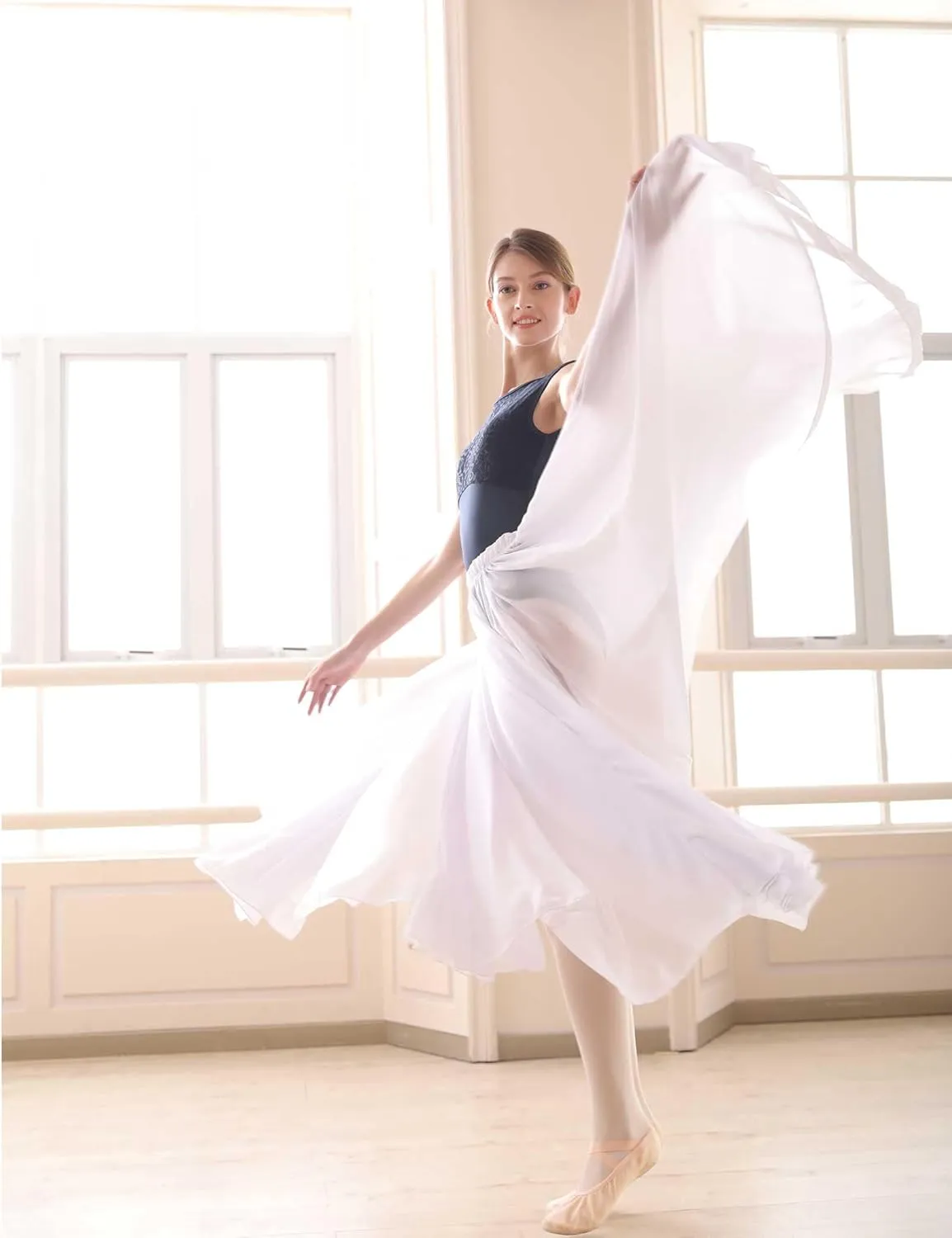Daydance Women's Ballet Skirts Long Sheer Dance Skirts Black with Tie Waist