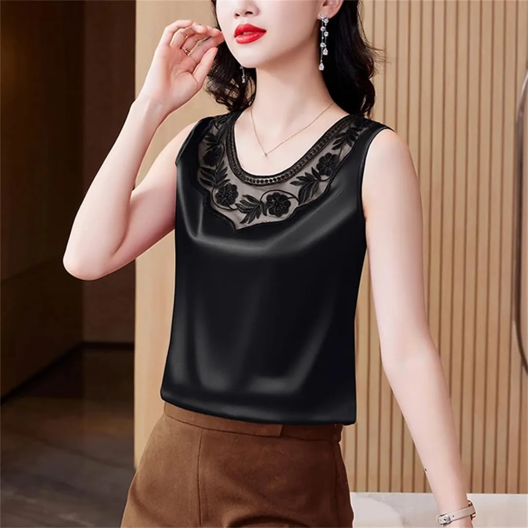 Dbdkejj Women Spring Summer Casual Lace Round Neck Patchwork Embroidered Satin Camisole Tank Top