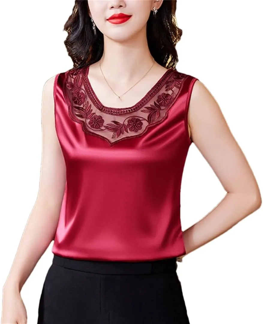 Dbdkejj Women Spring Summer Casual Lace Round Neck Patchwork Embroidered Satin Camisole Tank Top