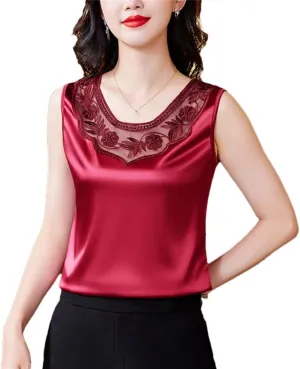Dbdkejj Women Spring Summer Casual Lace Round Neck Patchwork Embroidered Satin Camisole Tank Top
