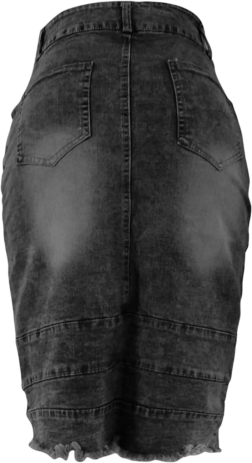 Denim Skirt for Women Fashion Solid Midi Bodycon Jean Skirt Summer Elegant Button Front Split Work Business Skirts