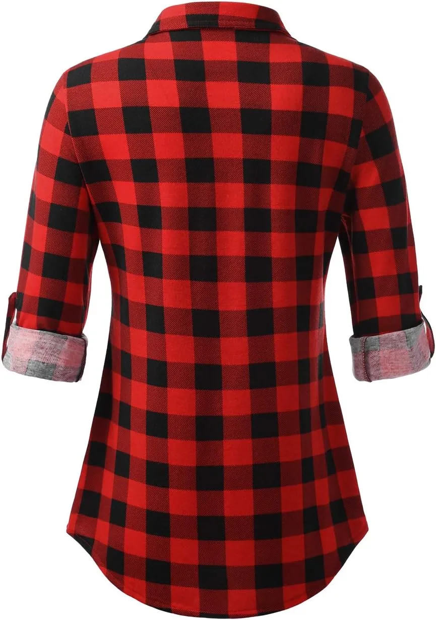 DJT Womens Soft Stretchy Knit Plaid Shirts Roll Up Long Sleeve Collared Button Down Blouses Tops