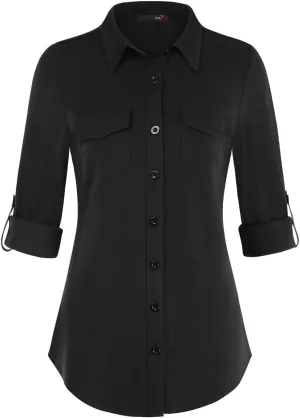 DJT Womens Soft Stretchy Knit Plaid Shirts Roll Up Long Sleeve Collared Button Down Blouses Tops