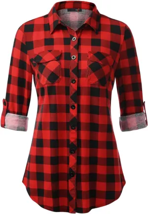 DJT Womens Soft Stretchy Knit Plaid Shirts Roll Up Long Sleeve Collared Button Down Blouses Tops