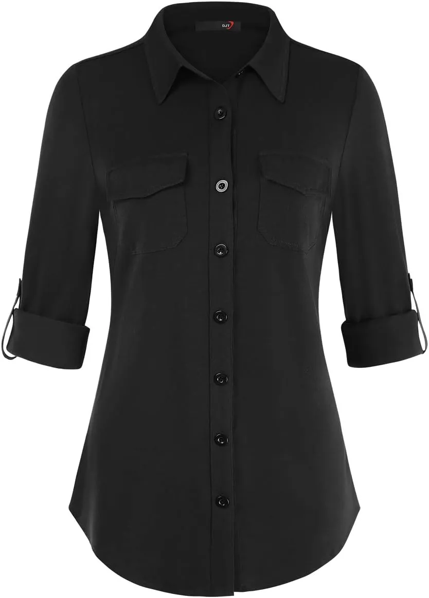 DJT Womens Soft Stretchy Knit Plaid Shirts Roll Up Long Sleeve Collared Button Down Blouses Tops