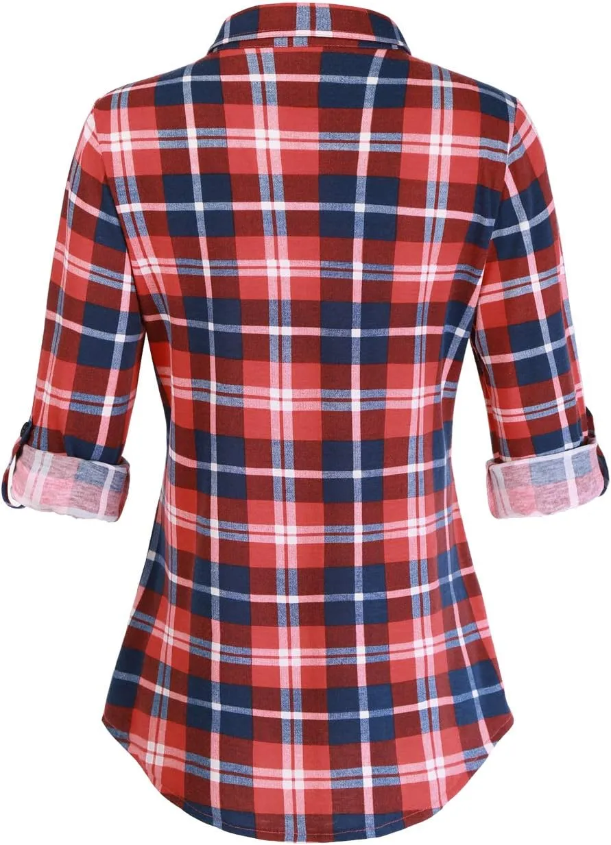 DJT Womens Soft Stretchy Knit Plaid Shirts Roll Up Long Sleeve Collared Button Down Blouses Tops