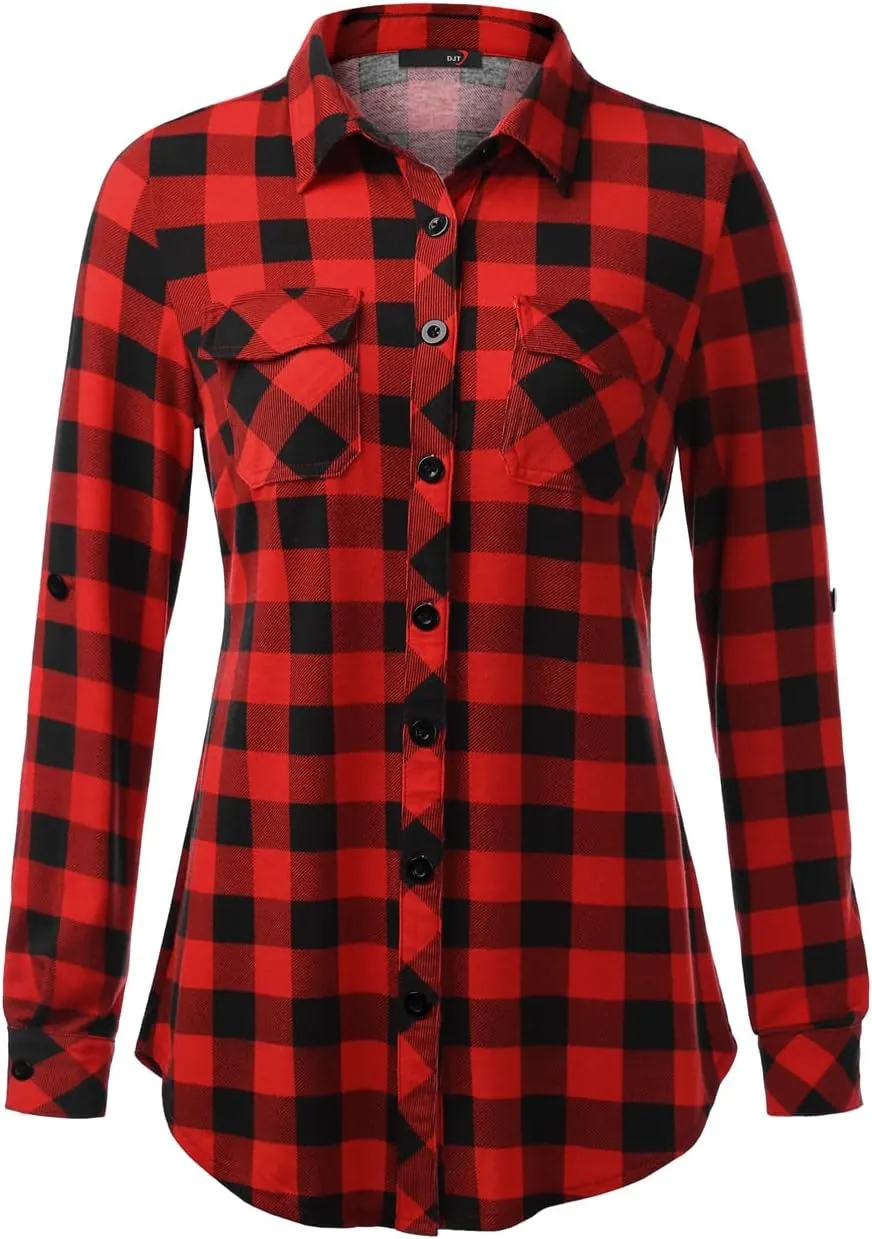 DJT Womens Soft Stretchy Knit Plaid Shirts Roll Up Long Sleeve Collared Button Down Blouses Tops