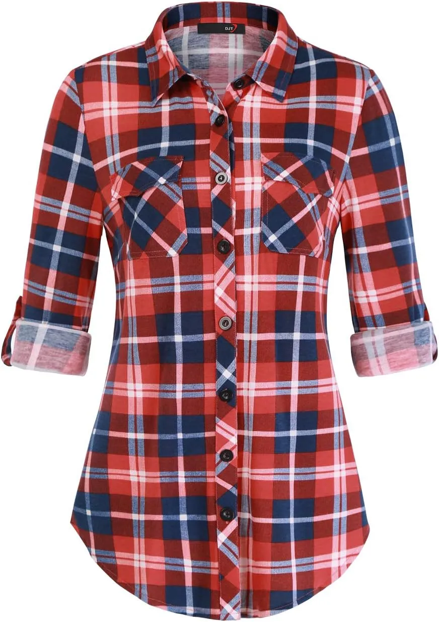 DJT Womens Soft Stretchy Knit Plaid Shirts Roll Up Long Sleeve Collared Button Down Blouses Tops