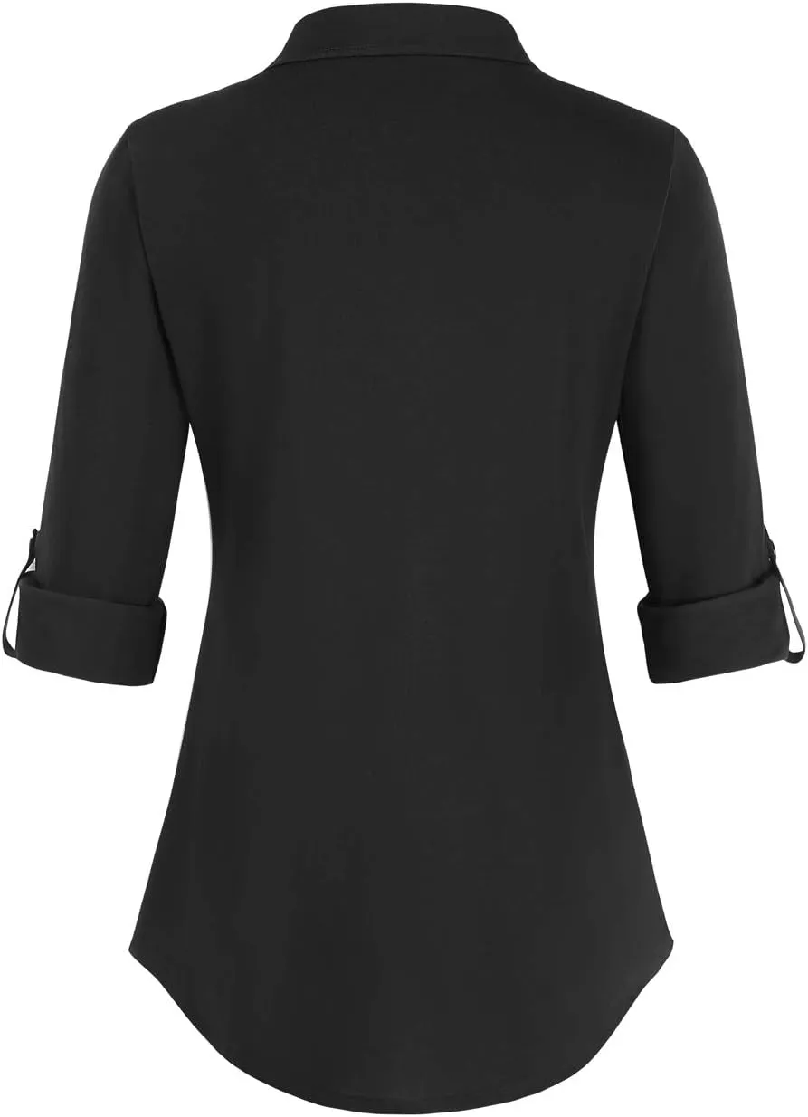 DJT Womens Soft Stretchy Knit Plaid Shirts Roll Up Long Sleeve Collared Button Down Blouses Tops