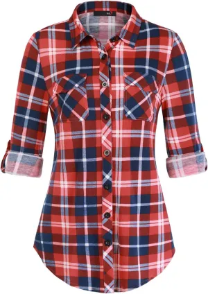 DJT Womens Soft Stretchy Knit Plaid Shirts Roll Up Long Sleeve Collared Button Down Blouses Tops