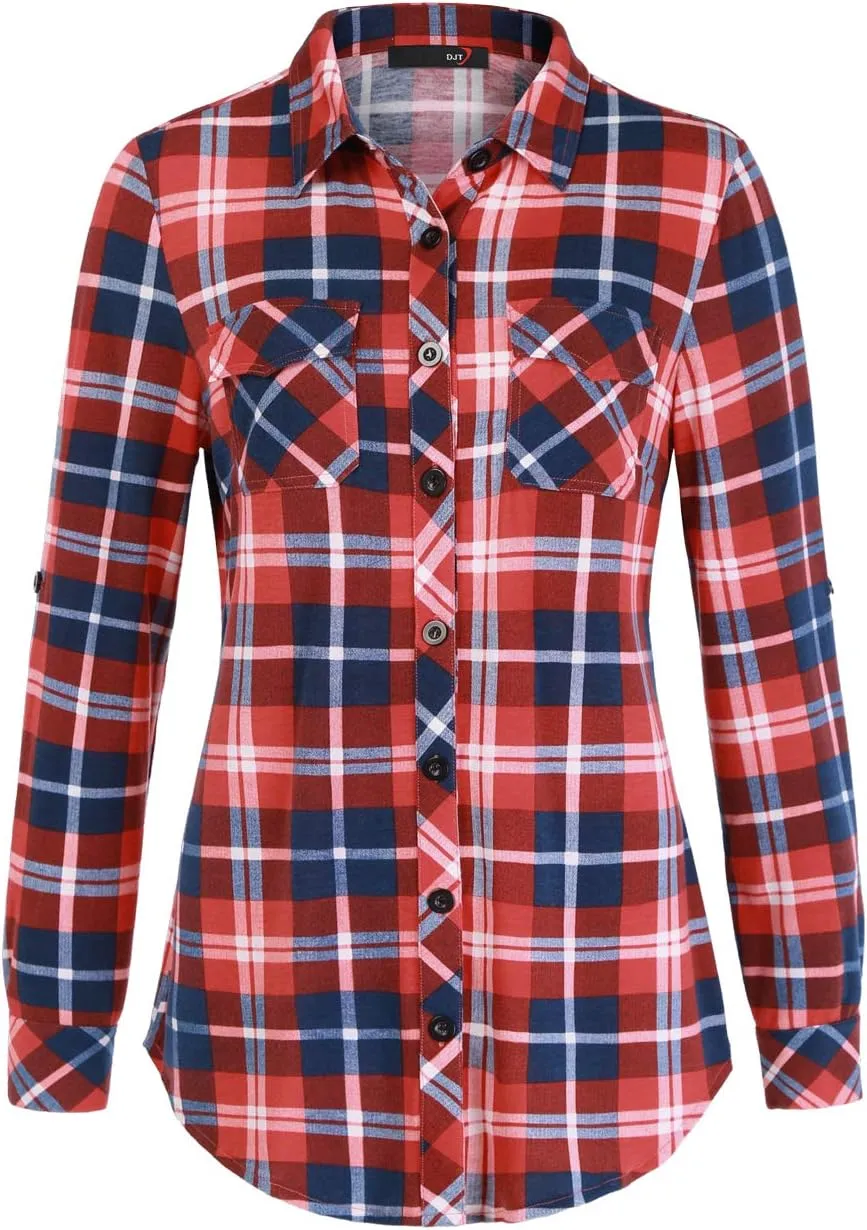 DJT Womens Soft Stretchy Knit Plaid Shirts Roll Up Long Sleeve Collared Button Down Blouses Tops